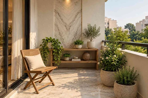 AI-generated outdoor concept: balcony garden shelf, marble restraint direction