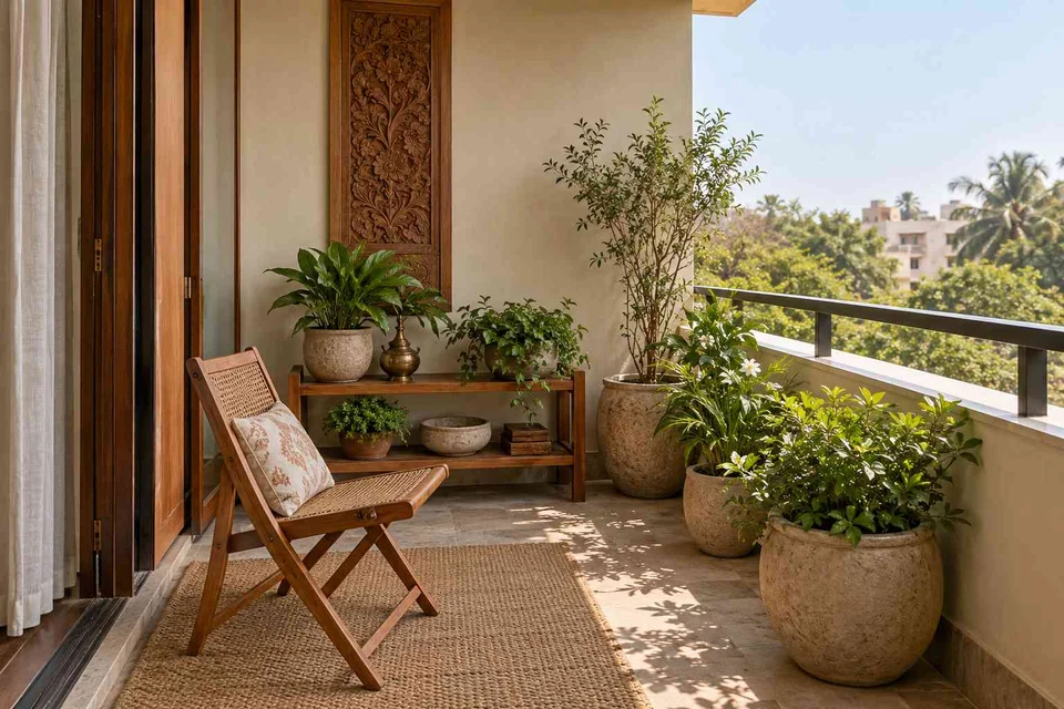 AI-generated outdoor concept: balcony garden shelf, modern carved direction