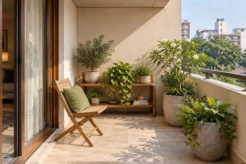 AI-generated outdoor concept: balcony garden shelf, quiet contemporary direction