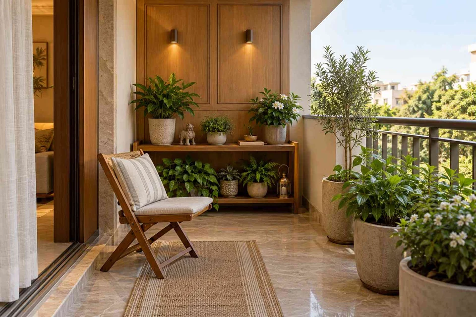 AI-generated outdoor concept: balcony garden shelf, quiet transitional direction