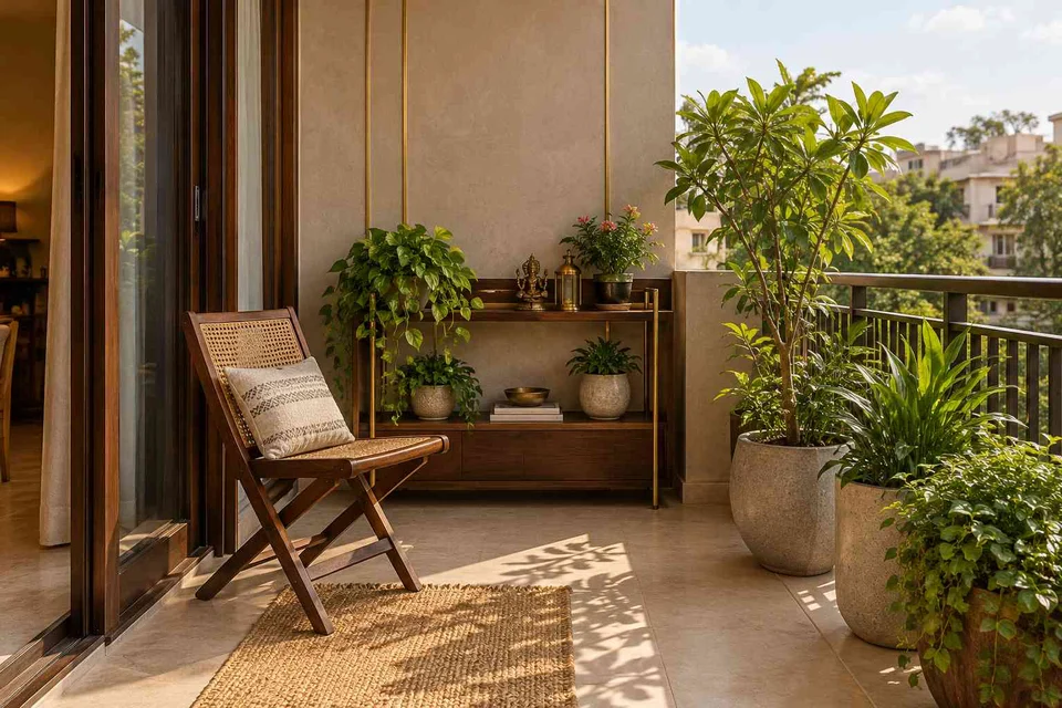 AI-generated outdoor concept: balcony garden shelf, rosewood brass direction