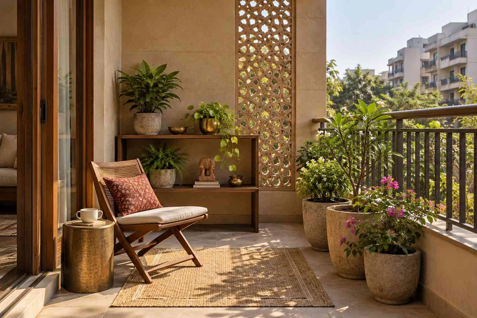 AI-generated outdoor concept: balcony garden shelf, sandstone lattice direction
