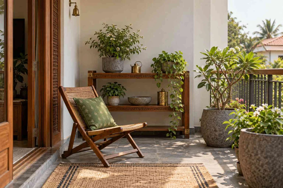 AI-generated outdoor concept: balcony garden shelf, teak craft direction