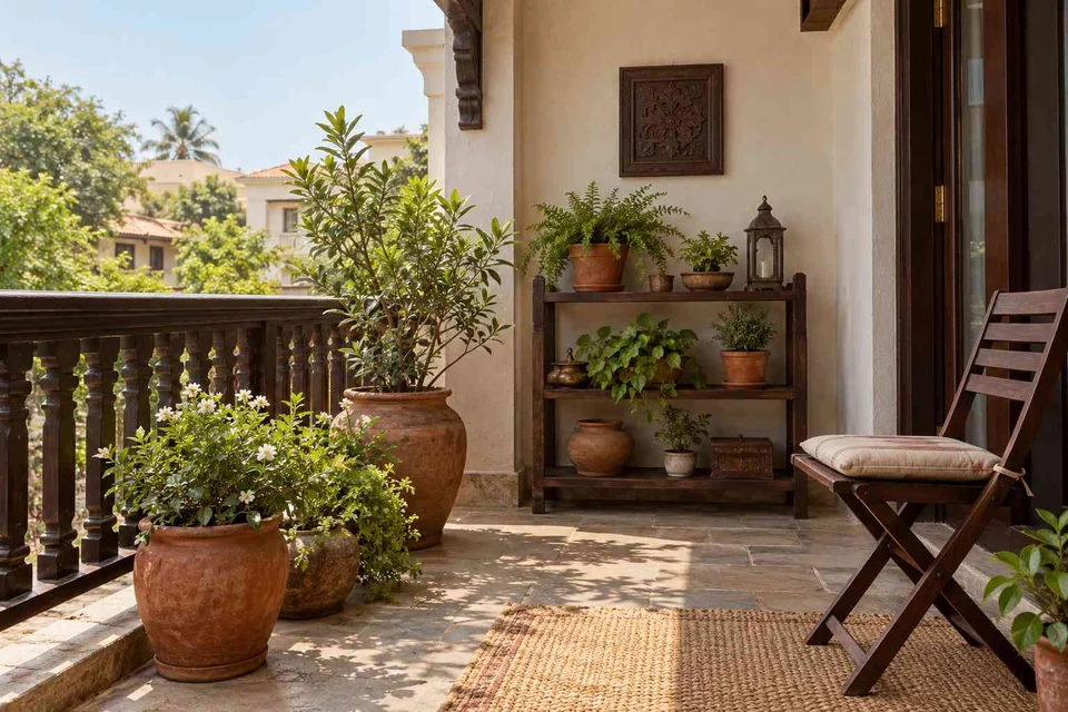 AI-generated outdoor concept: balcony garden shelf, terracotta heritage direction