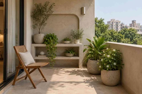 AI-generated outdoor concept: balcony garden shelf, textured mineral direction
