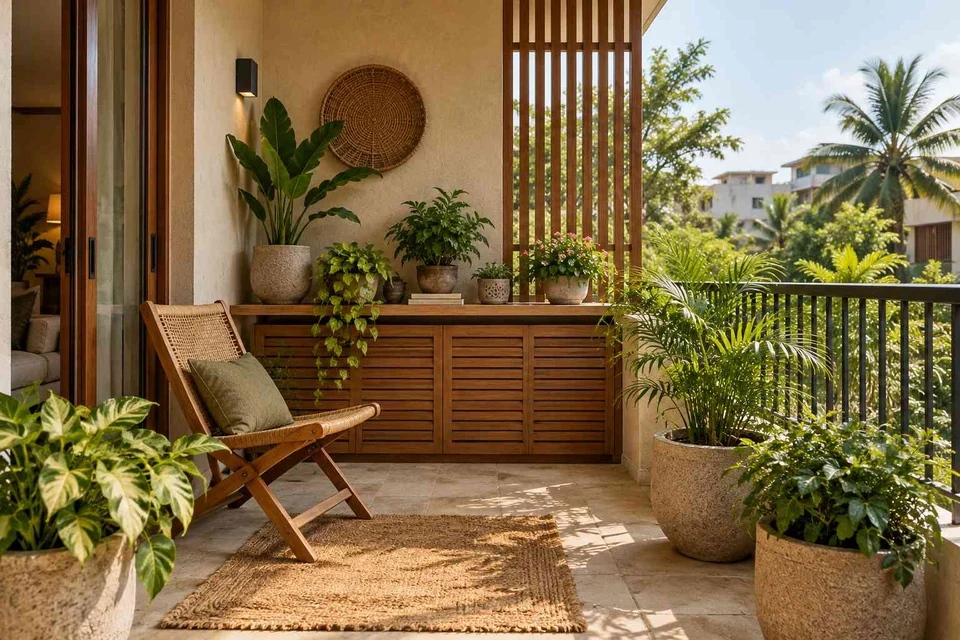 AI-generated outdoor concept: balcony garden shelf, tropical slatted direction