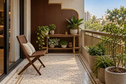 AI-generated outdoor concept: balcony garden shelf, urban deco direction
