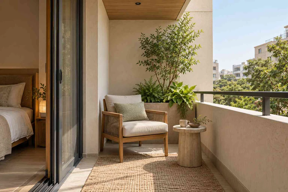 AI-generated outdoor concept: bedroom balcony nook, ash and linen direction