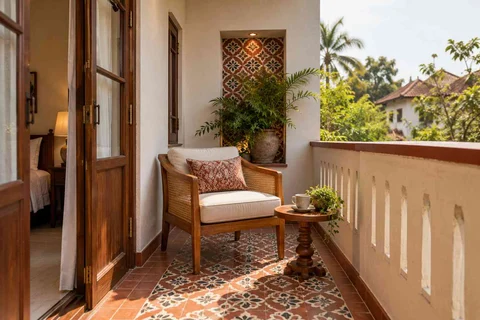 AI-generated outdoor concept: bedroom balcony nook, chettinad tile direction