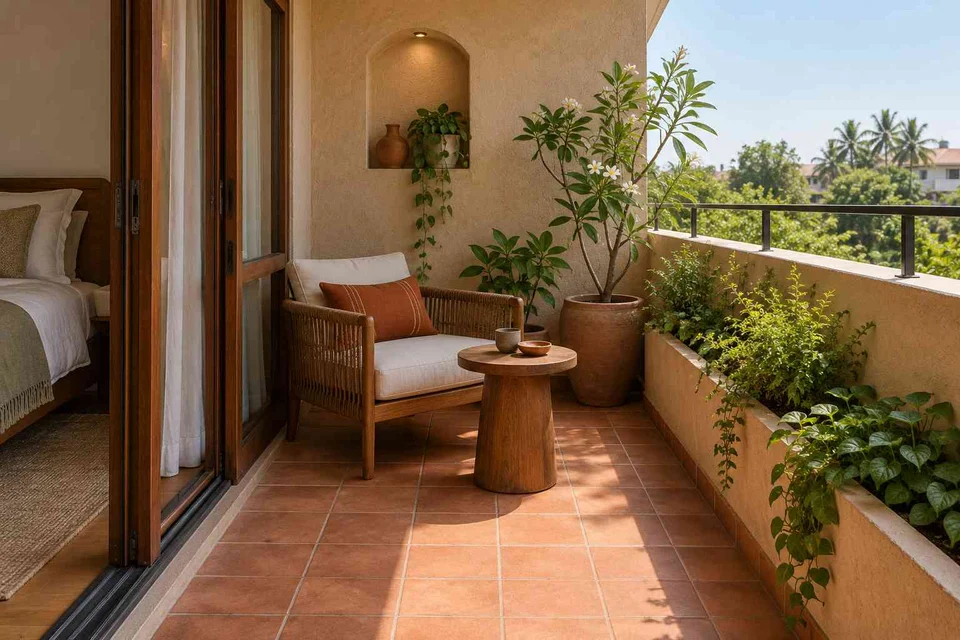 AI-generated outdoor concept: bedroom balcony nook, clay artisan direction