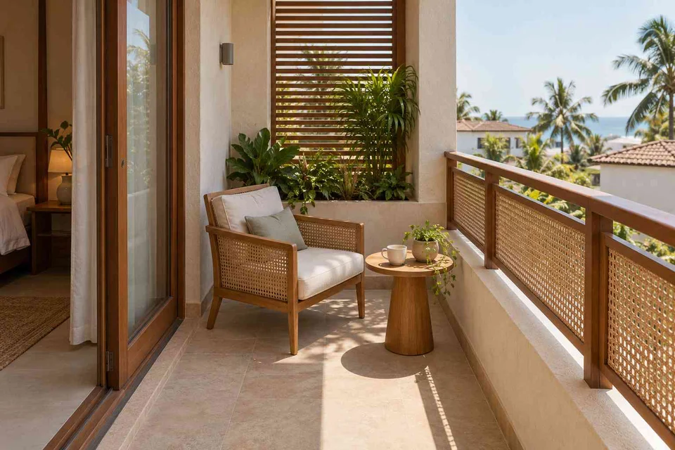 AI-generated outdoor concept: bedroom balcony nook, coastal woven direction
