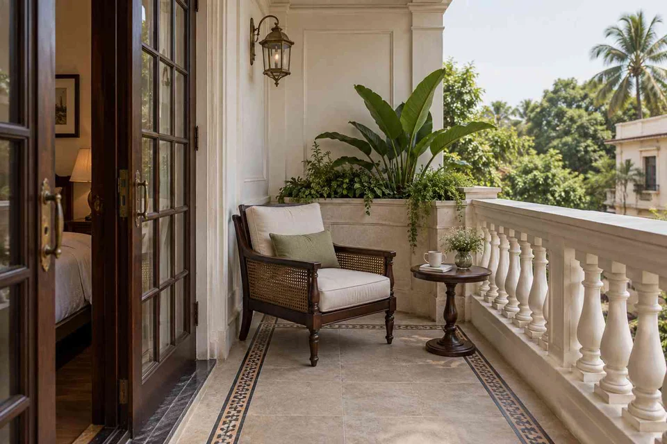 AI-generated outdoor concept: bedroom balcony nook, colonial quiet direction