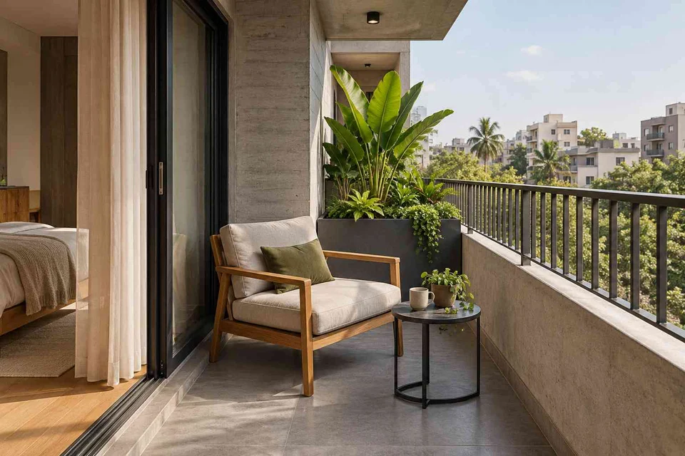 AI-generated outdoor concept: bedroom balcony nook, concrete and oak direction