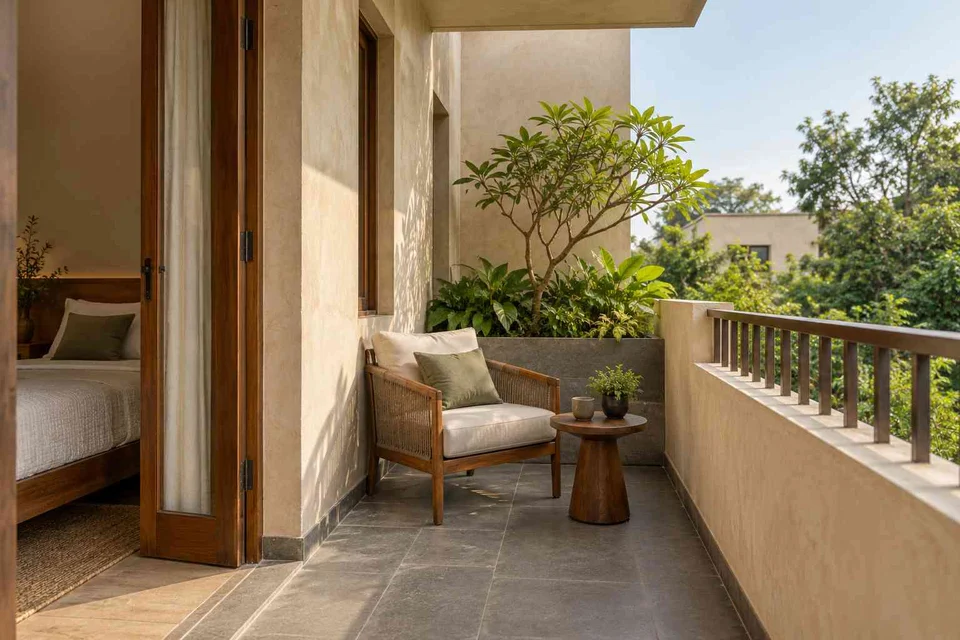 AI-generated outdoor concept: bedroom balcony nook, courtyard modern direction