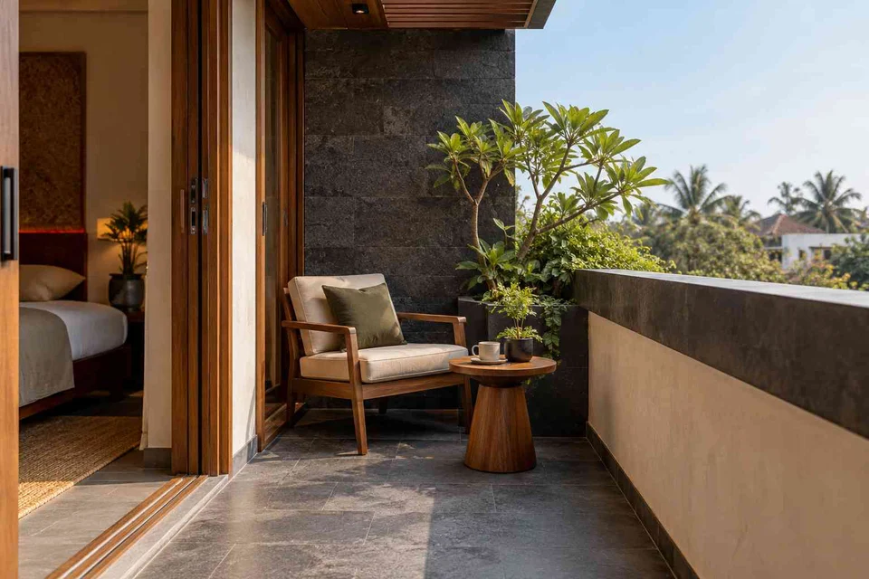AI-generated outdoor concept: bedroom balcony nook, deccan stone direction