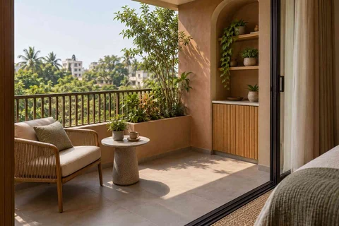AI-generated outdoor concept: bedroom balcony nook, earth and bamboo direction