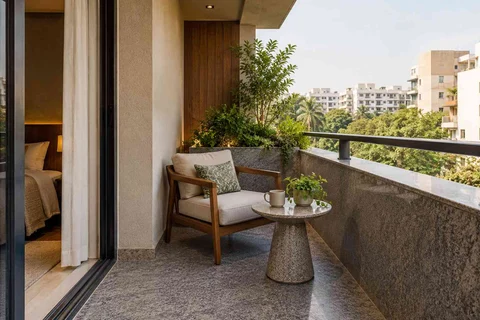 AI-generated outdoor concept: bedroom balcony nook, granite precision direction