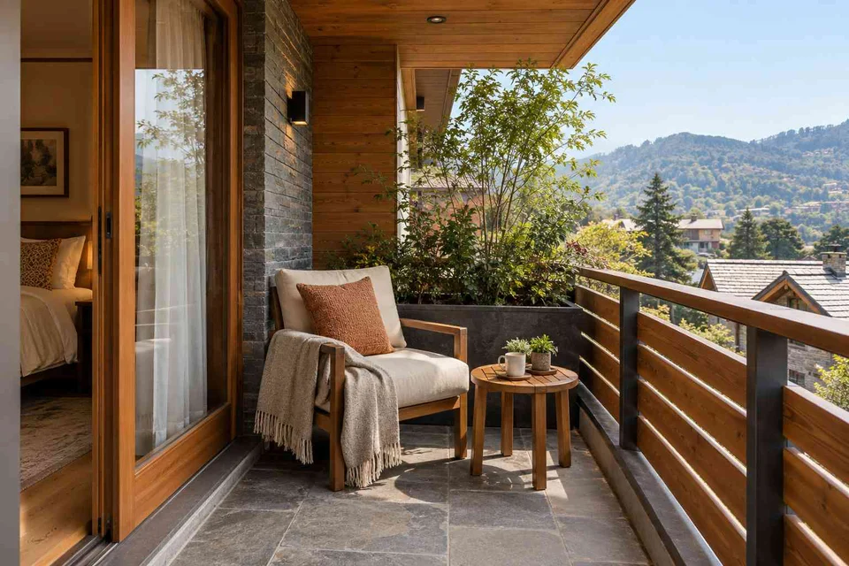AI-generated outdoor concept: bedroom balcony nook, hill timber direction