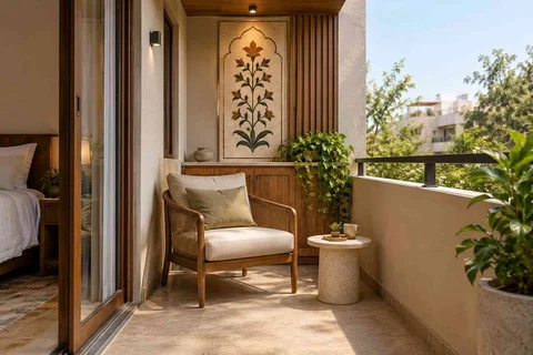 AI-generated outdoor concept: bedroom balcony nook, inlay atelier direction
