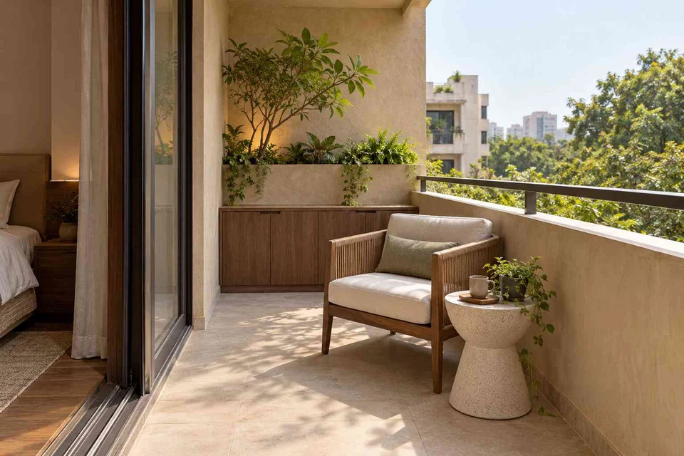 AI-generated outdoor concept: bedroom balcony nook, lime and walnut direction