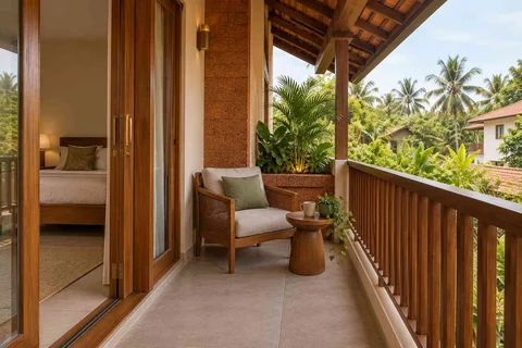 AI-generated outdoor concept: bedroom balcony nook, malabar timber direction