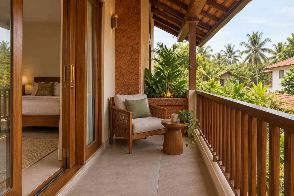 AI-generated outdoor concept: bedroom balcony nook, malabar timber direction