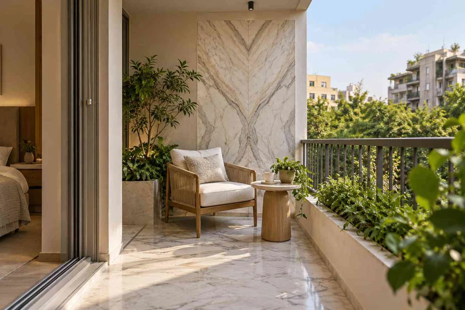 AI-generated outdoor concept: bedroom balcony nook, marble restraint direction