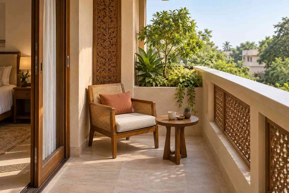AI-generated outdoor concept: bedroom balcony nook, modern carved direction