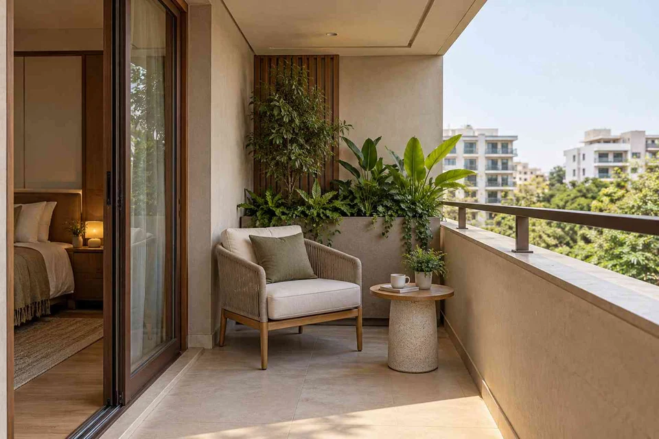 AI-generated outdoor concept: bedroom balcony nook, quiet contemporary direction