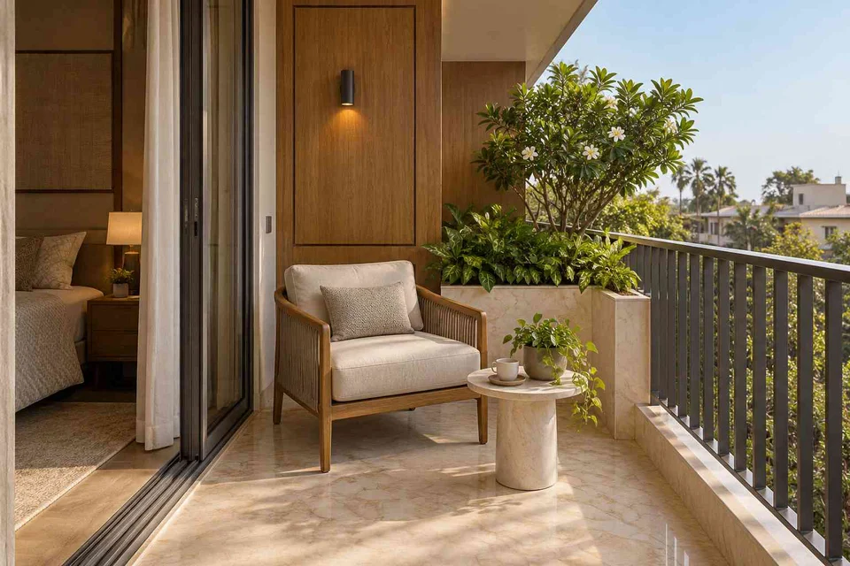 AI-generated outdoor concept: bedroom balcony nook, quiet transitional direction