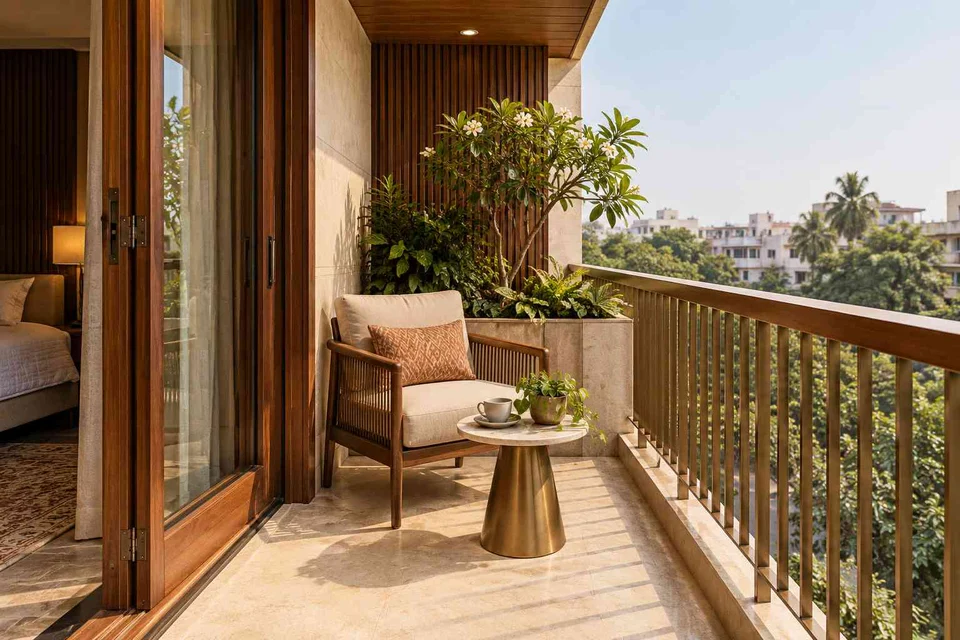 AI-generated outdoor concept: bedroom balcony nook, rosewood brass direction