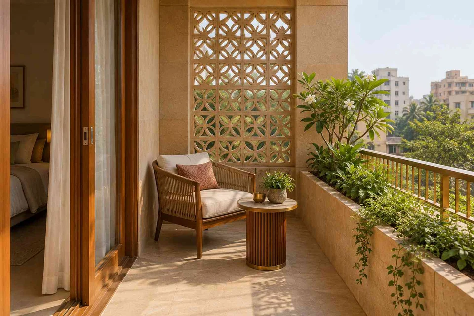 AI-generated outdoor concept: bedroom balcony nook, sandstone lattice direction