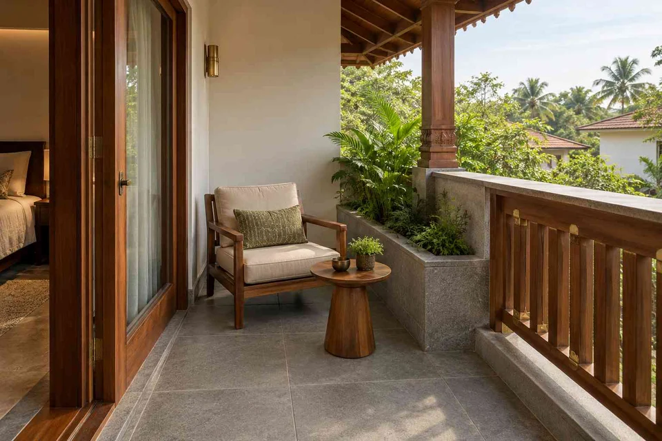 AI-generated outdoor concept: bedroom balcony nook, teak craft direction