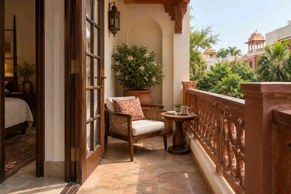 AI-generated outdoor concept: bedroom balcony nook, terracotta heritage direction