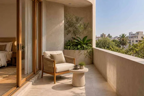 AI-generated outdoor concept: bedroom balcony nook, textured mineral direction