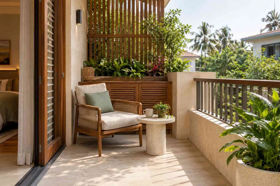 AI-generated outdoor concept: bedroom balcony nook, tropical slatted direction