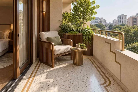 AI-generated outdoor concept: bedroom balcony nook, urban deco direction