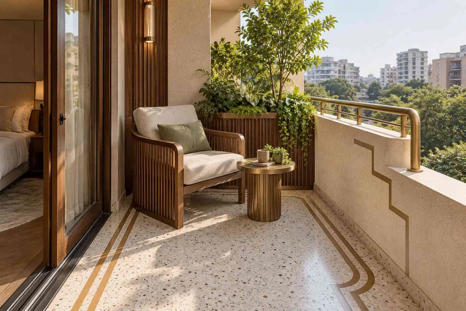 AI-generated outdoor concept: bedroom balcony nook, urban deco direction