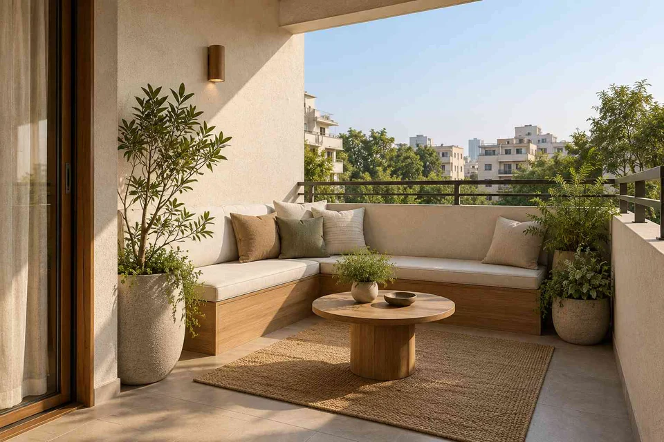 AI-generated outdoor concept: corner apartment balcony, ash and linen direction