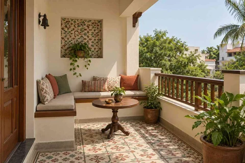 AI-generated outdoor concept: corner apartment balcony, chettinad tile direction