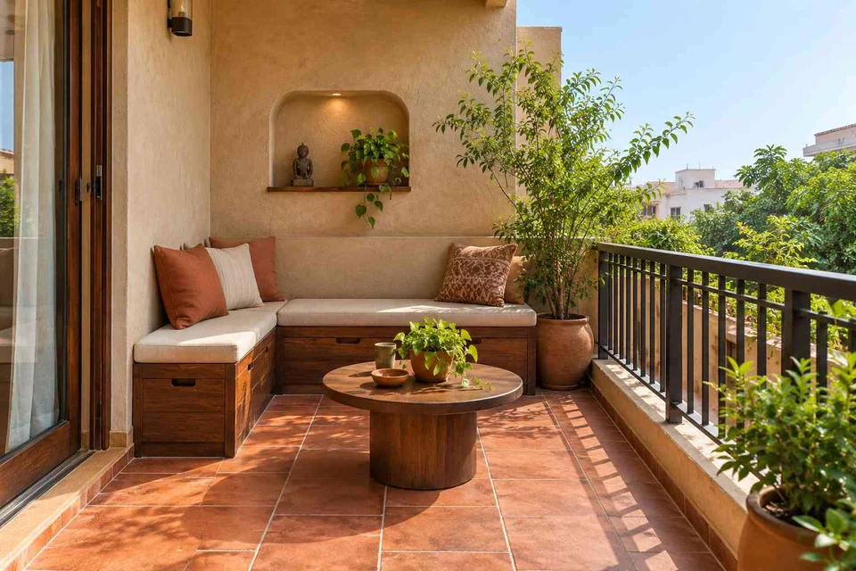 AI-generated outdoor concept: corner apartment balcony, clay artisan direction