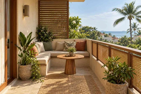 AI-generated outdoor concept: corner apartment balcony, coastal woven direction