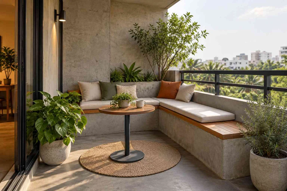 AI-generated outdoor concept: corner apartment balcony, concrete and oak direction