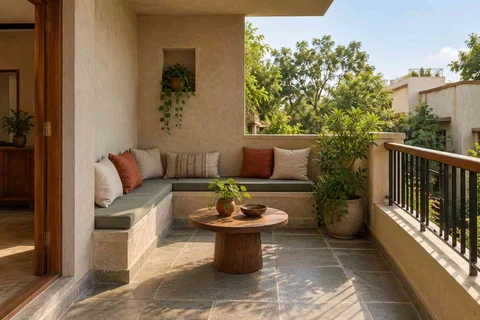 AI-generated outdoor concept: corner apartment balcony, courtyard modern direction
