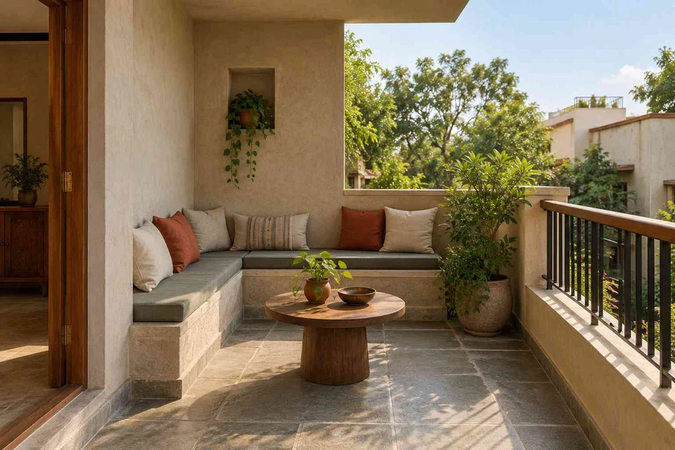 AI-generated outdoor concept: corner apartment balcony, courtyard modern direction