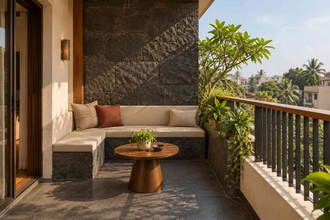 AI-generated outdoor concept: corner apartment balcony, deccan stone direction