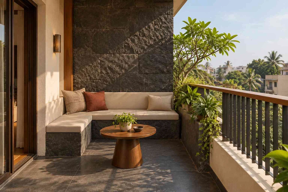 AI-generated outdoor concept: corner apartment balcony, deccan stone direction