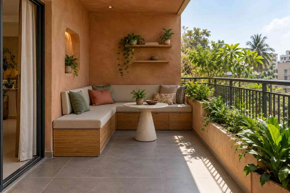 AI-generated outdoor concept: corner apartment balcony, earth and bamboo direction