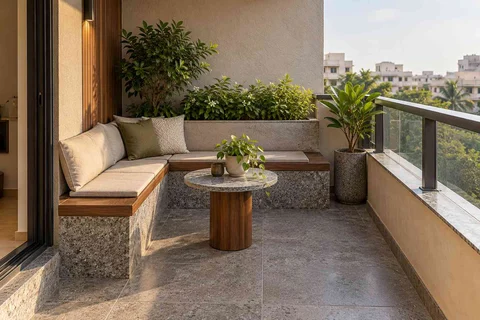 AI-generated outdoor concept: corner apartment balcony, granite precision direction