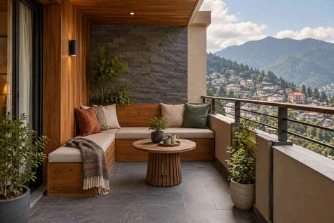 AI-generated outdoor concept: corner apartment balcony, hill timber direction